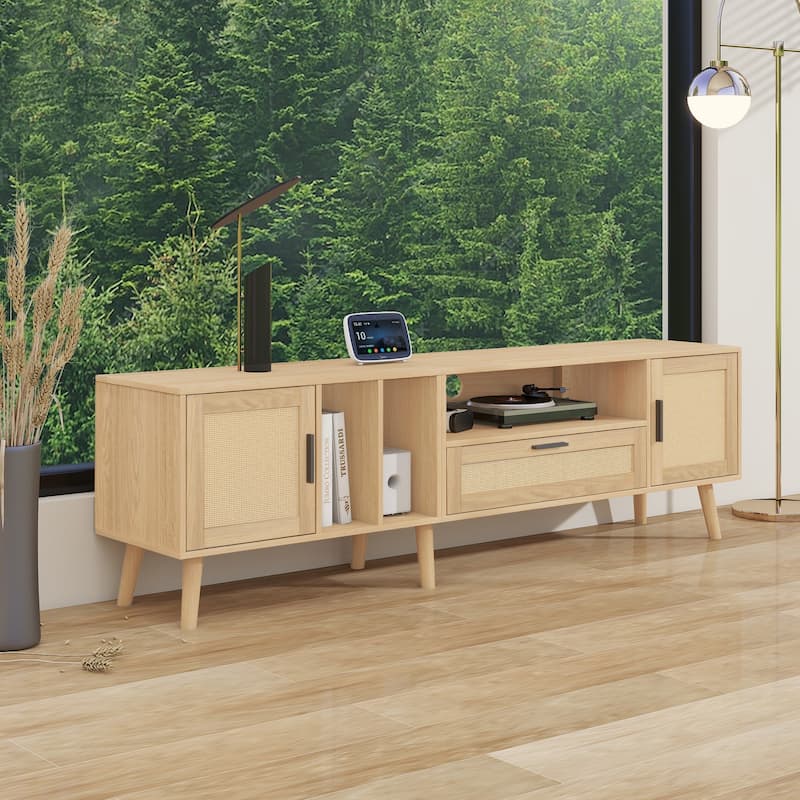 Rattan TV Stand Media Console Table for TVs up to 80", Entertainment Center with Solid Wood Legs, TV cabinet