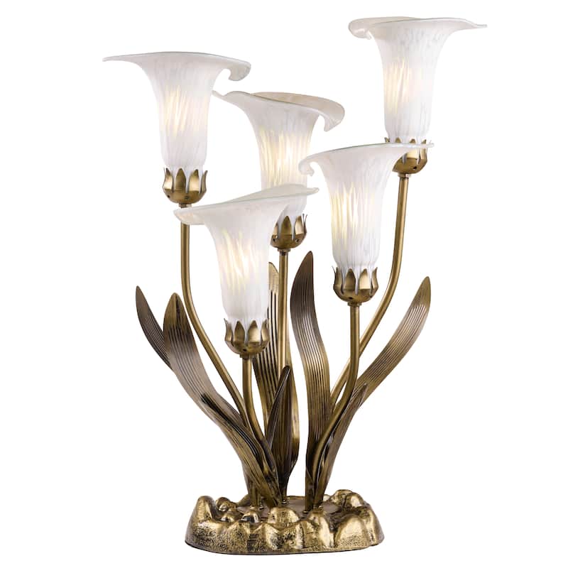 20-inch Antique Brass and Hand Blown Glass 5 Calla Lily Uplight Accent Lamp - 15" x 14" x 20" - 15" x 14" x 20" - White/Brass
