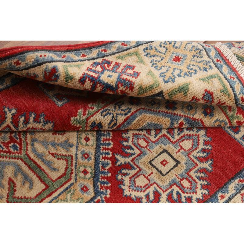 Geometric Kazak Oriental Accent Rug Handmade Red Wool Carpet - 3'5" x 4'11"