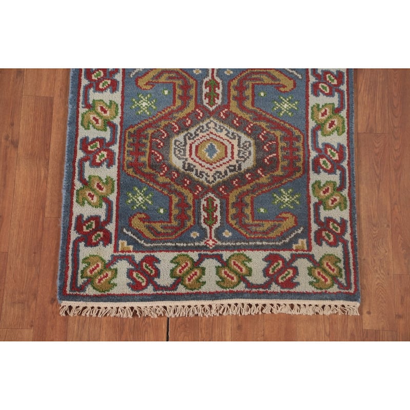 Geometric Blue Kazak Oriental Runner Rug Handmade Wool Carpet - 2'7"x 10'1"