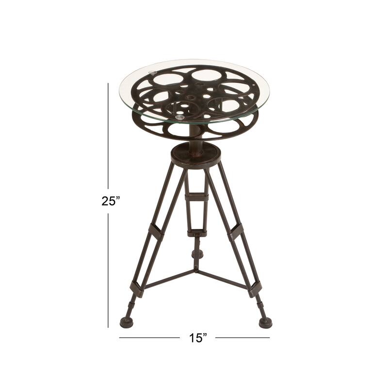 Metal Film Reel Accent Table with Tripod Legs and Glass Top - Black - Roche River Decor - 15"Wx15"Lx25"H