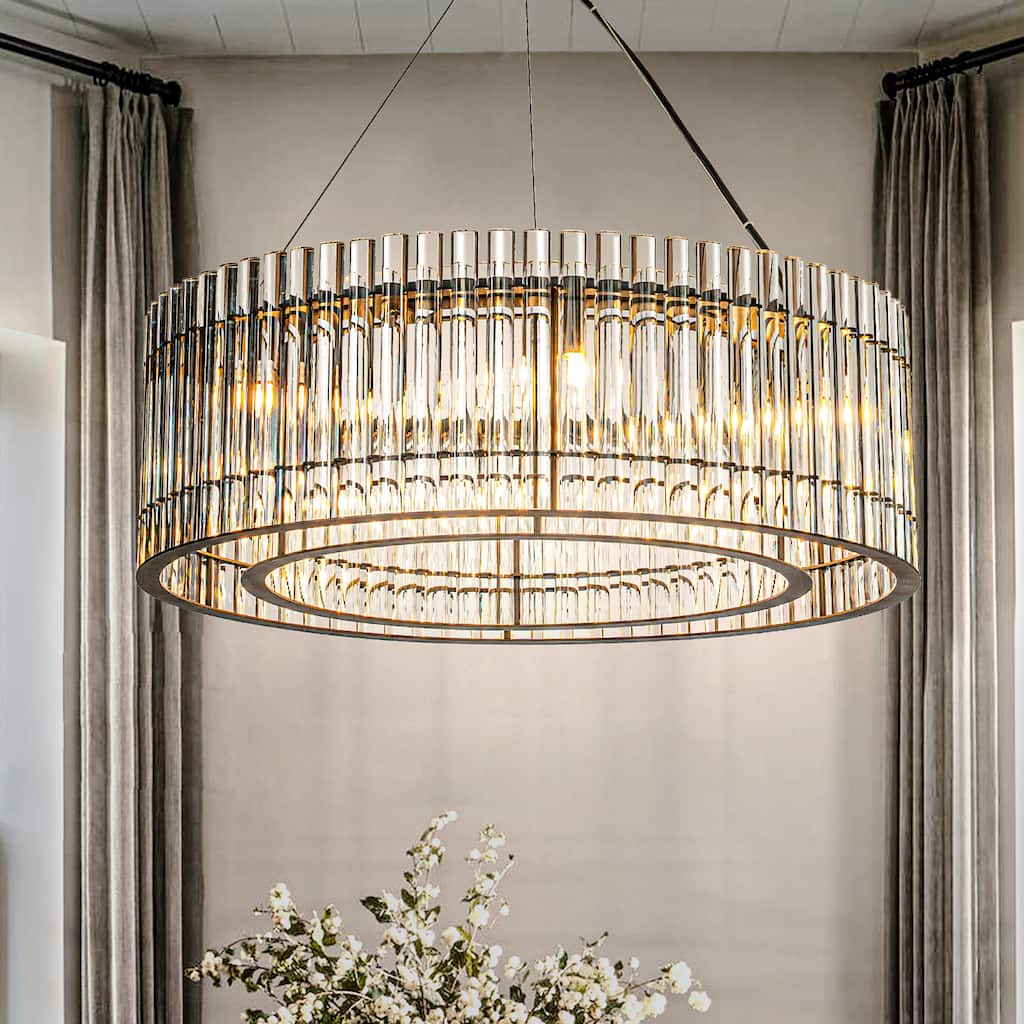 6-Light Modern Luxury Matte Black Tier Round Chandelier W24 in. With Glass Rods Accent