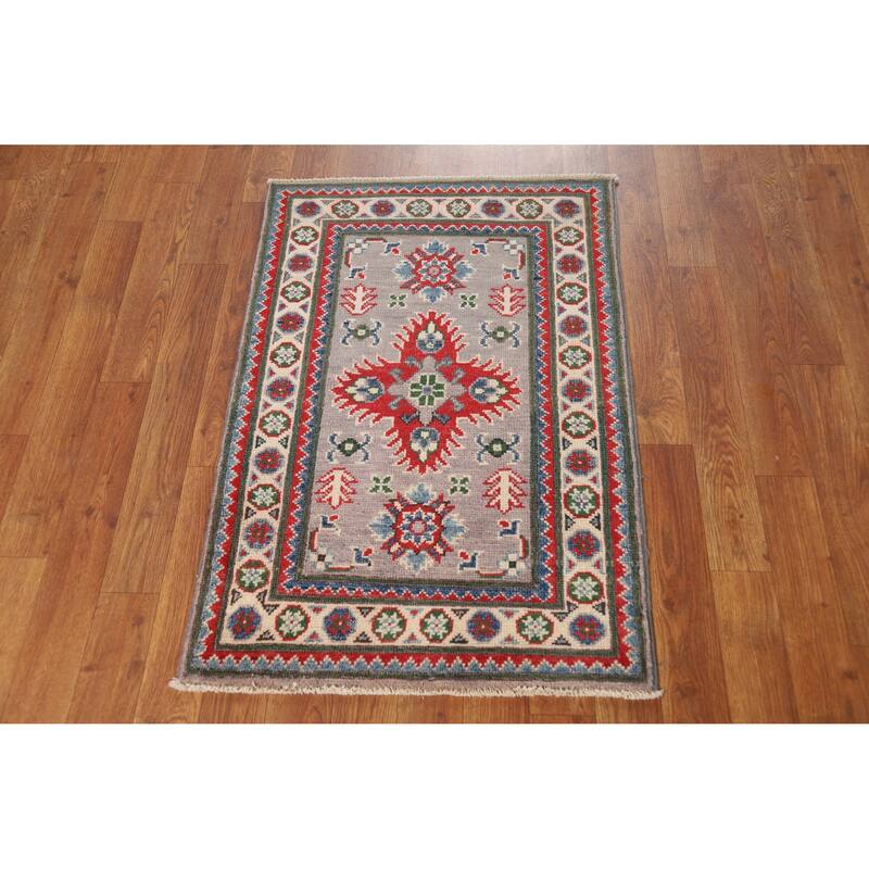 Gray Geometric Kazak Oriental Accent Rug Hand-Knotted Wool Carpet - 2'0"x 3'0"
