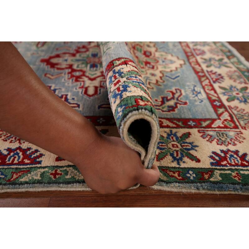 Light Blue Traditional Kazak Foyer Rug Hand-Knotted Wool Carpet - 3'3" x 4'11"