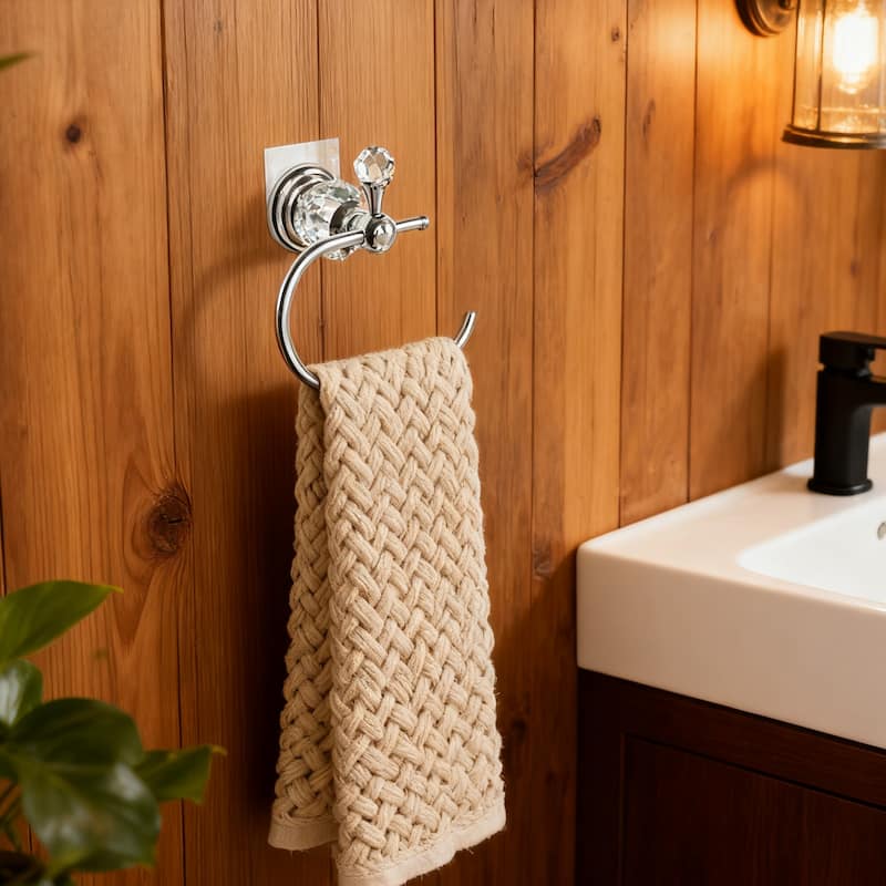 Chrome Towel Ring With Crystal Handle - Elegant Wall-Mounted Bathroom Hand Towel Holder - 5.12'' H X 3.74'' W X 7.48'' D