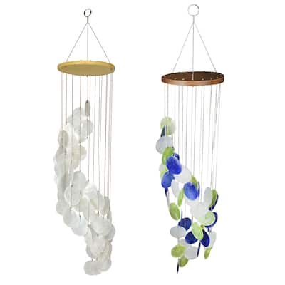 Set Of 2 Spiral Capiz Shell Wind Chimes, White & Blue Green, 29"