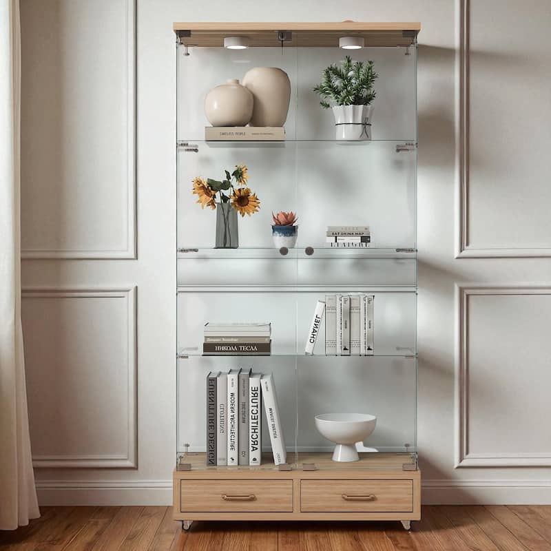 65.9" Modern Glass Display Cabinet with LED Lights, 2 Lockable Drawers & 4 Shelves, Curio Storage Case