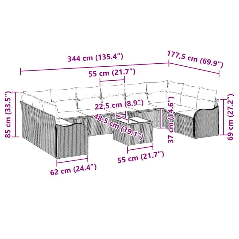 vidaXL 10/11 Garden Sofa Set with Cushions Black/Brown/Grey Poly Rattan - 135.4 x 69.9 x 27.2