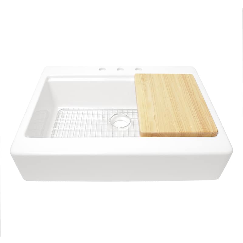 Parker Crisp White Fireclay 34" Single Bowl Quick-Fit Apron-Front Drop-In Workstation Kitchen Sink