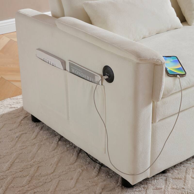 3 in 1 Convertible Sofa Bed with USB Port, Velvet 2 Seater Pull Out Sofa Bed, Loveseat Sofa with Adjustable Back & Side Pockets