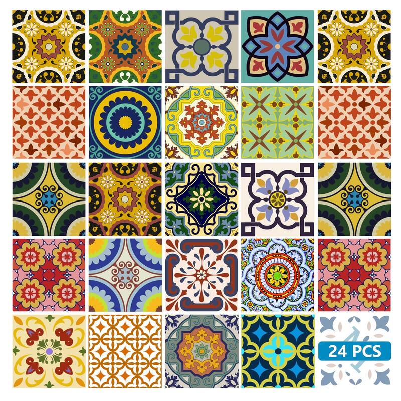 HomeRoots 7" X 7" Mediterranean Brights Peel And Stick Removable Tiles