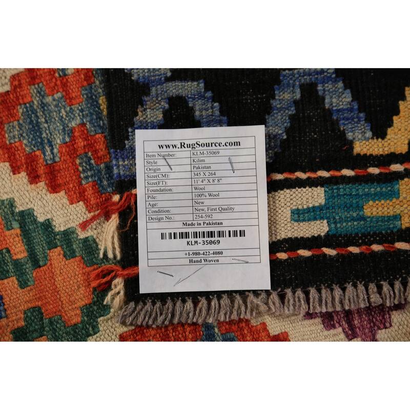 Geometric Trellis Kilim Area Rug Handmade Wool Carpet - 8'8"x 11'4"
