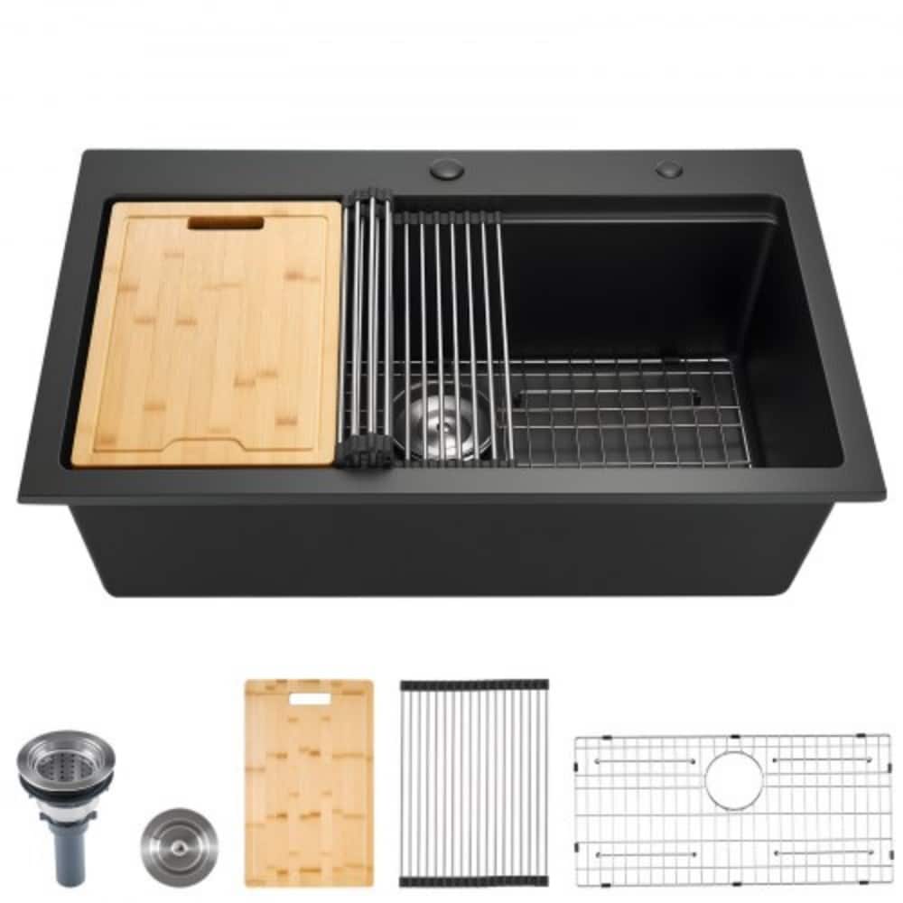 33" Top-Mount Black Kitchen Sink Granite Single Bowl with Roll-Up Rack and Cutting Board - 33" x 22" x 10"