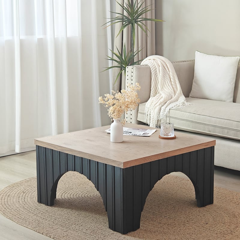 Modern Rustic Wooden Coffee Table with Black Base - Solid Wood Top and Arch Design Legs - Multicolor