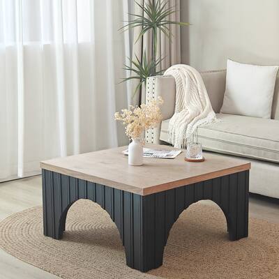 Modern Rustic Wooden Coffee Table with Black Base - Solid Wood Top and Arch Design Legs