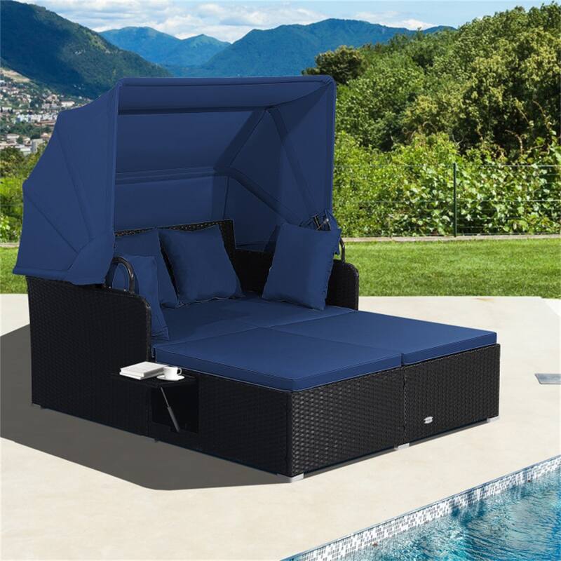 Rattan Daybed Lounge with Retractable Canopy and Side Tables - 65" x 60.5 x 58.5" - Navy-Blue