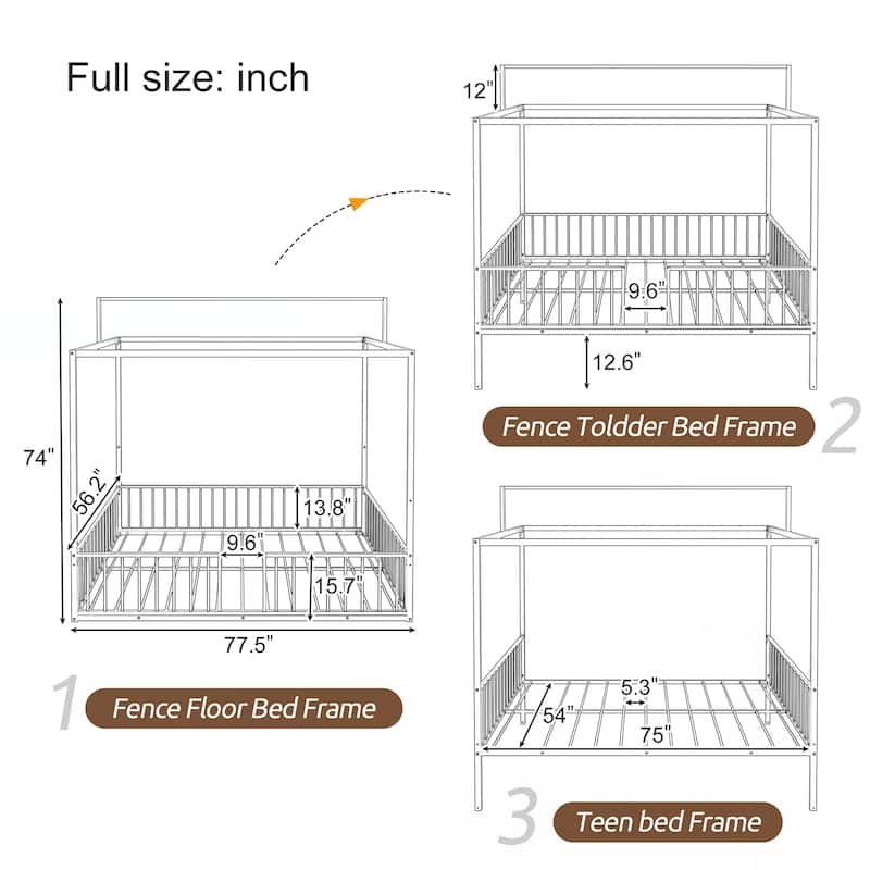 3-in-1 Convertible Montessori Metal floor bed,Modern Minimalist Design Canopy Platform Bed Funland