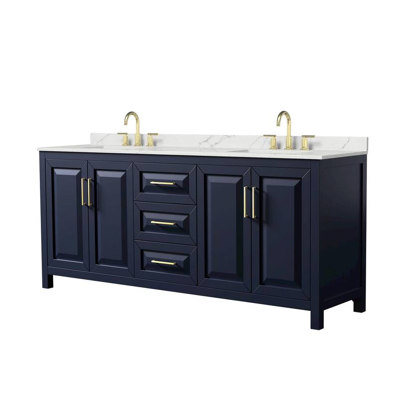 Daria 80-inch Double Vanity, 3 Hole Quartz Top - Dark Blue, Gold Trim, Giotto Quartz Top