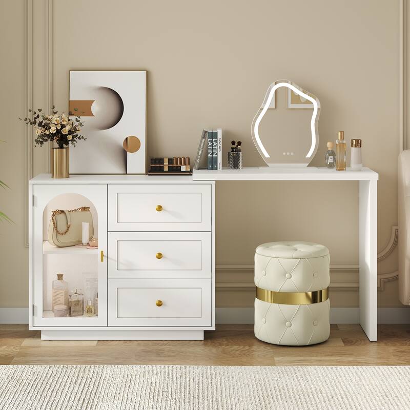 Extendable Makeup Vanity Desk with 3 Drawers & 1 Door - White