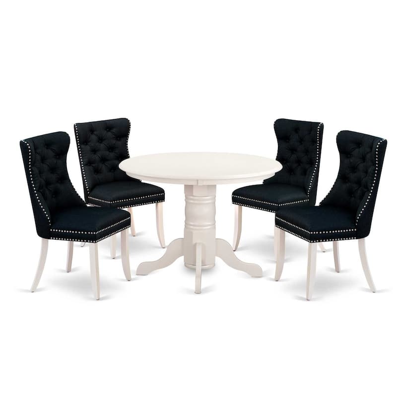 Modern 5 Piece Dining Set - Round Kitchen Table with 4 Linen Chairs - Coastal White