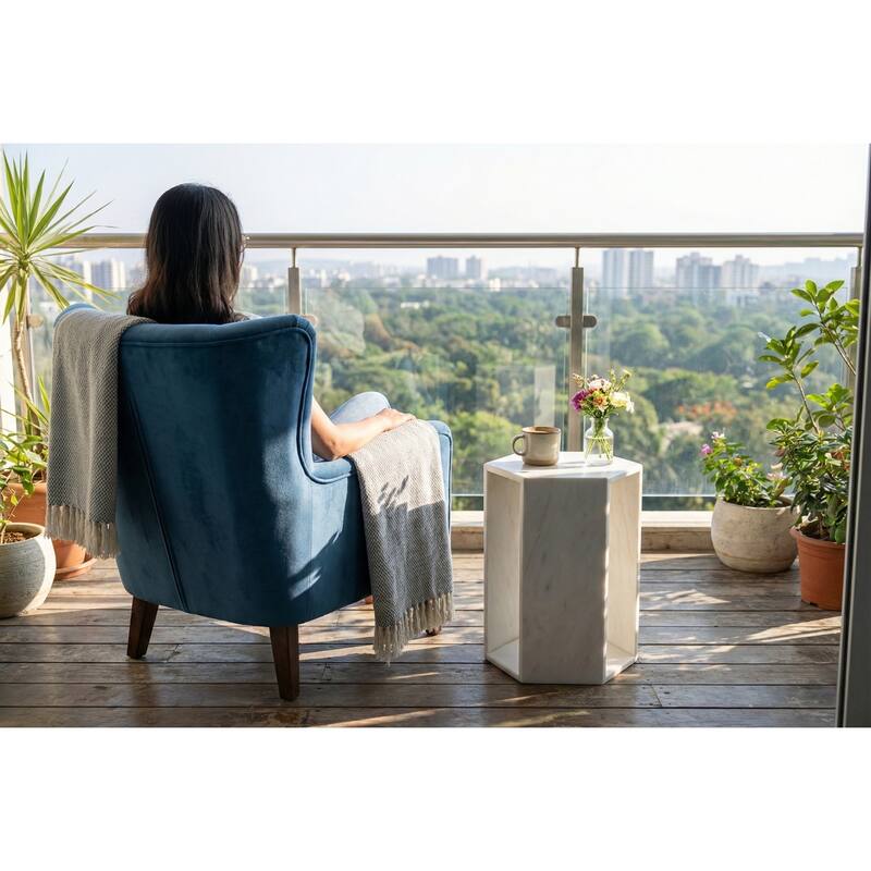 Roomfitters Luxury Natural Marble Hexagon Side Table, Solid Stone Geometric Pedestal End Table, Polished Finish