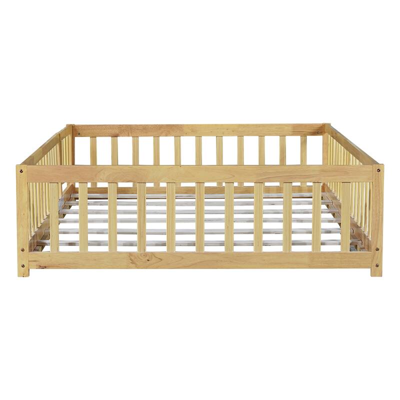 White Full Size Wooden Floor Bed with Fence & Door, Rubber, Safety Guardrails