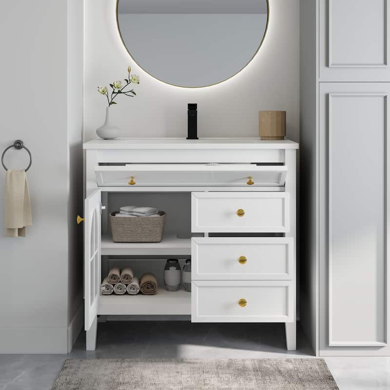 35.6-Inch Mid-Century Bathroom Vanity Sink with Patterned Glass & Motion-Sensor Light Strip, High-End Vanity Cabinet