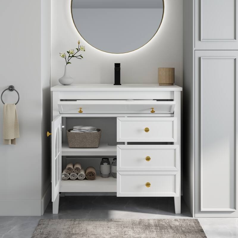 Freestanding 36" Bathroom Vanity Sink Cabinet with Motion-sensor Light Strip, Patterned Glass & Drawers