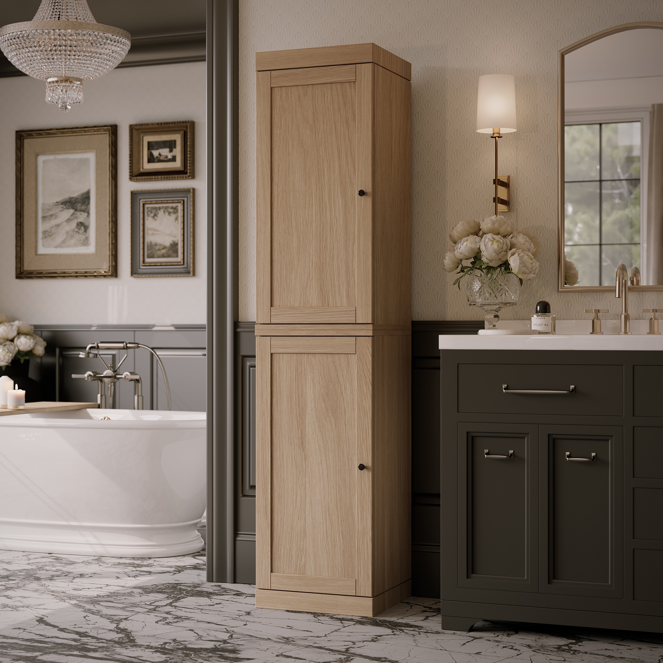 Palace Imports Premium 100% Solid European Oak Hardwood Bathroom Storage Cabinet with Shaker Doors - 16" Wide, 71.5" Tall