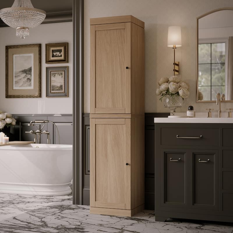 Palace Imports Premium 100% Solid European Oak Hardwood Bathroom Storage Cabinet with Shaker Doors - 16" Wide, 71.5" Tall - Natural-Oak