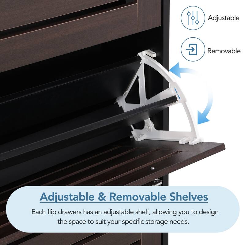 ON-TREND Minimalist Slim Shoe Cabinet with Adjustable Shelves and Hanging Hooks, Particle Board Entryway Organizer