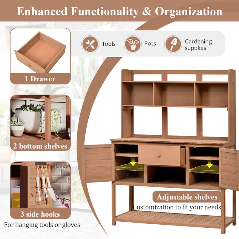 Roomfitters Outdoor Potting Bench Table, Solid Fir Wood with Hutch, storage units & Adjustable Shelves for Planting