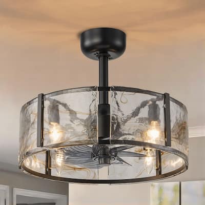 18 in. Modern Black Water Wave Glass Semi-Flush Fandelier 4-Light Caged Ceiling Fan Lighting with Remote Control