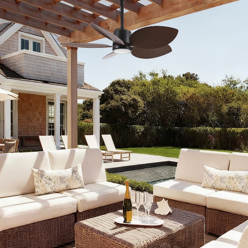42" Farmhouse Black Waterproof Outdoor Gazebo LED Ceiling Fan with Light, Hook Downrod and Tropical Palm Leaf - 42"Wx13.7"H