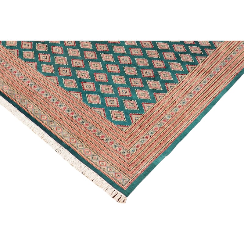 Rustic Bokhara Sellers Green/Pink Hand Knotted Wool Rug - 10'8'' x 14'1''