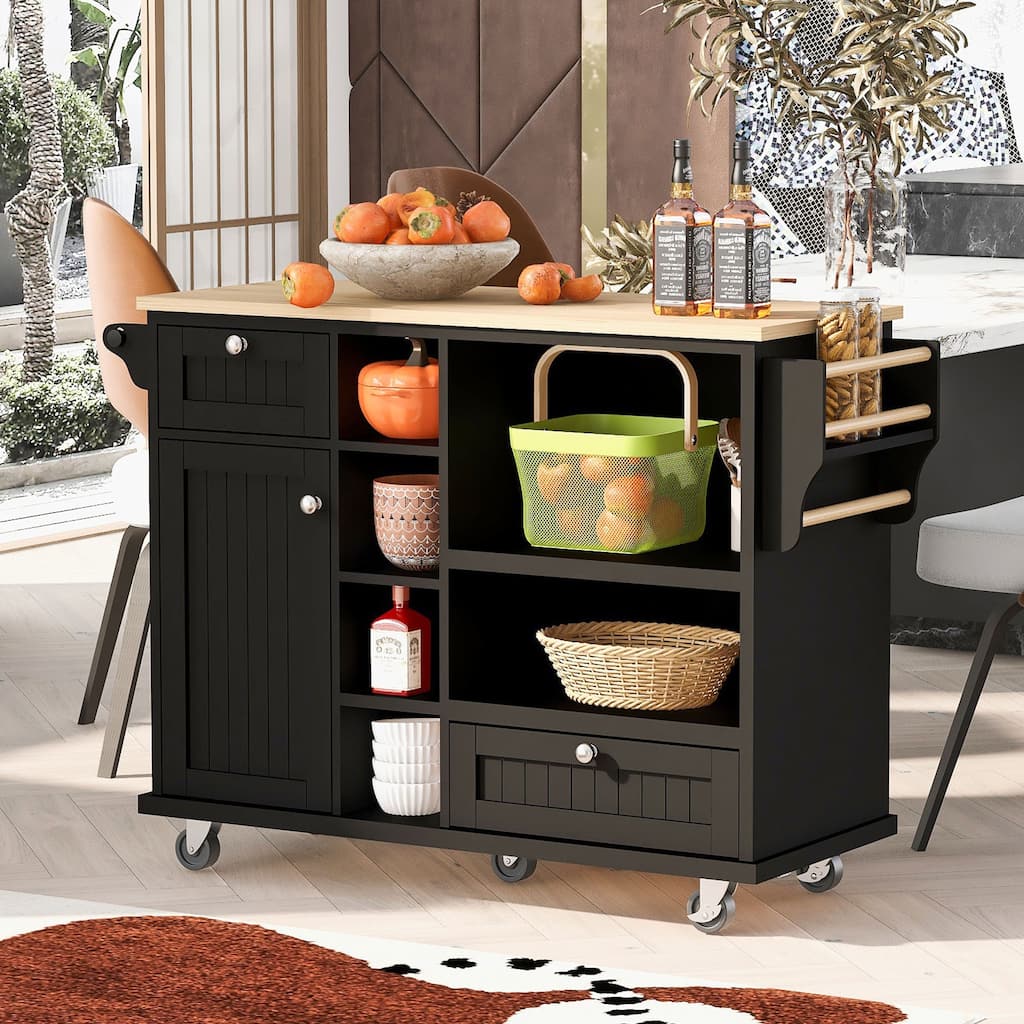 Rolling Kitchen Island with Storage, Two Locking Wheels, Solid Wood Desktop & Adjustable Shelf (Black)