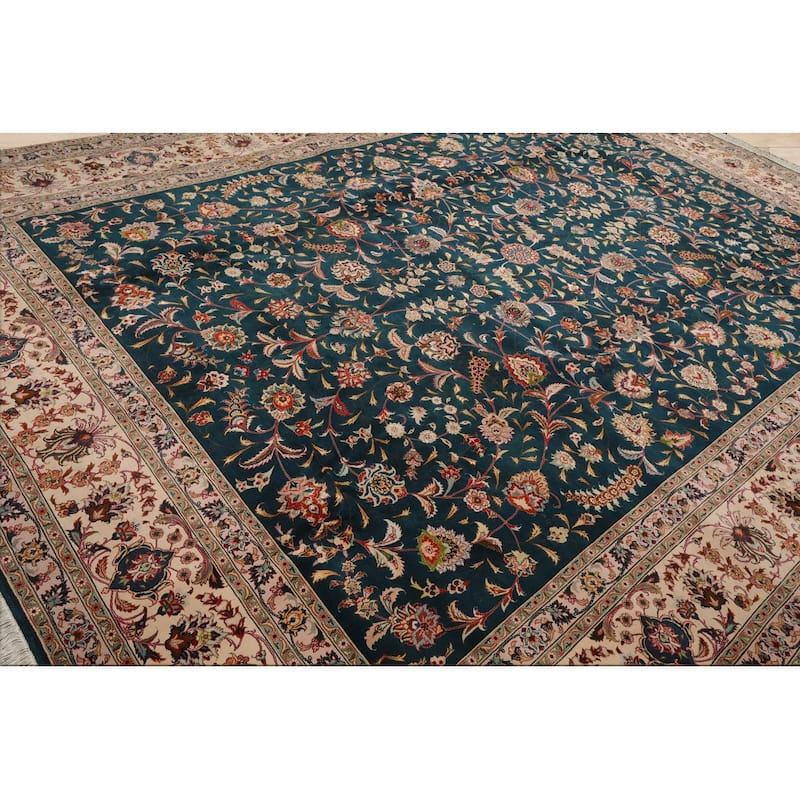 Hand Knotted Teal Persian Wool & Silk Traditional Oriental Area Rug - 10' x 13' 4''