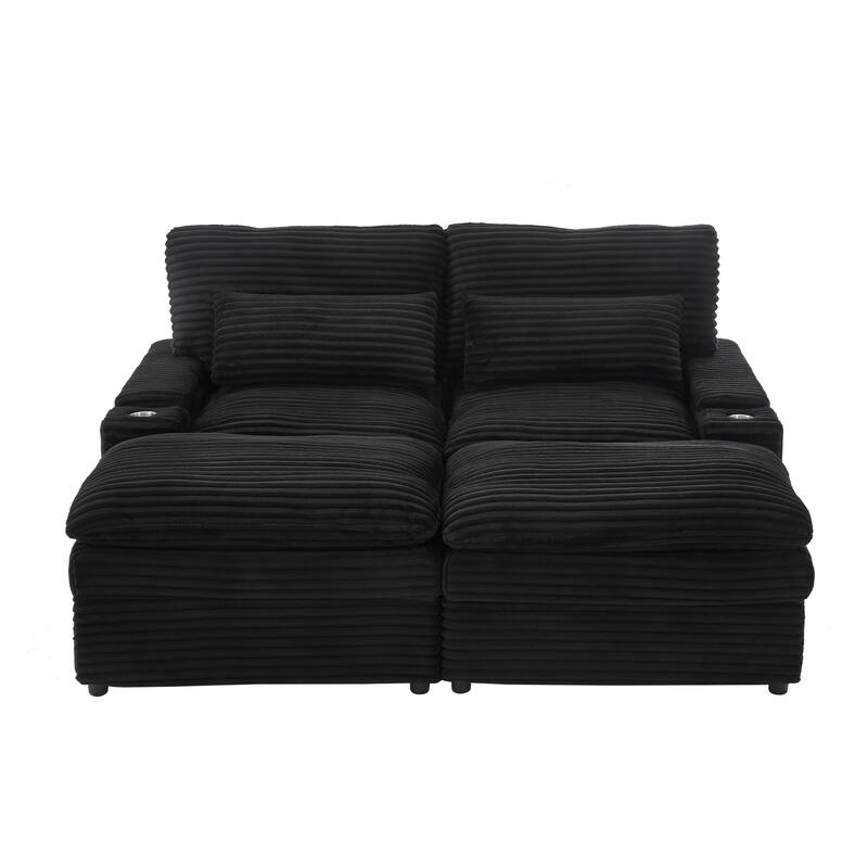 L-Shaped Corduroy Sectional Sofa w/ USB Ports & Cup Holders, 2-seater Sofa Loveseat w/ 2 Ottomans, Convertible Sleeper Sofa Bed