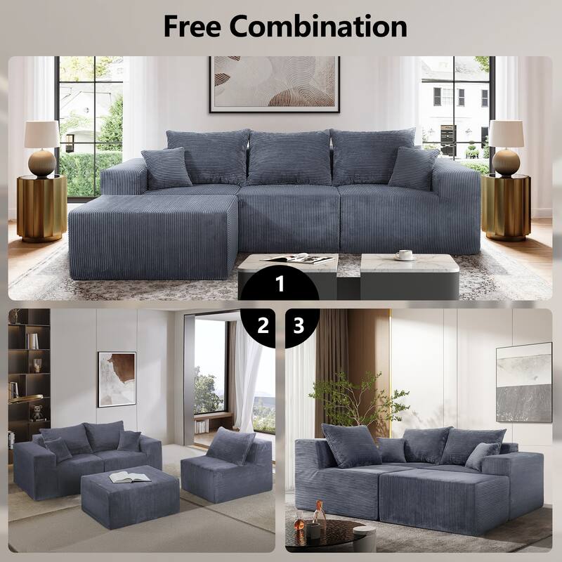Flexible Layout 4 Piece Modular Couch Convertible L-shaped Sectional Sofa with Ottoman Chaise Lounge and Corduroy Upholstery