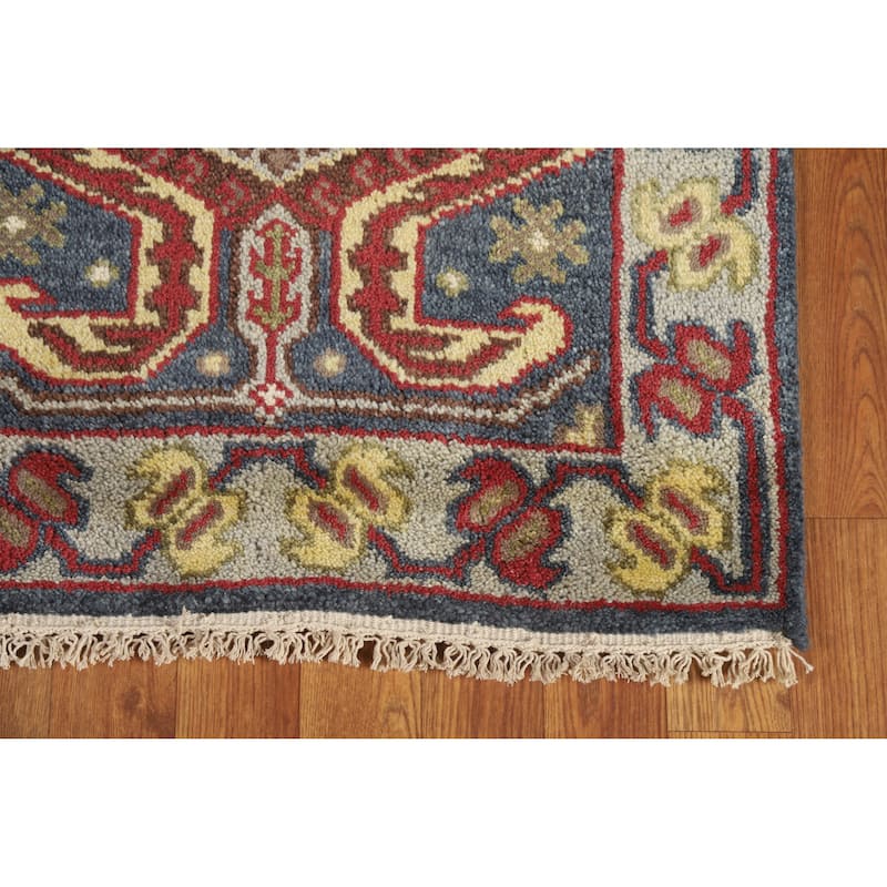 Hand Knotted Oriental 100% Wool Carpet Traditional Geometric Navy Blue & Blues Heriz (serapi) Runner Rug - 9' 10'' X 2' 6''