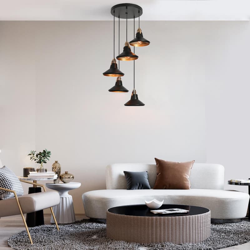 Modern Farmhouse 5-Light Black Brass Metal Chandelier with Bowl-Shaped Pendant Lights for Kitchen Dining Room - 20" D x 7" H