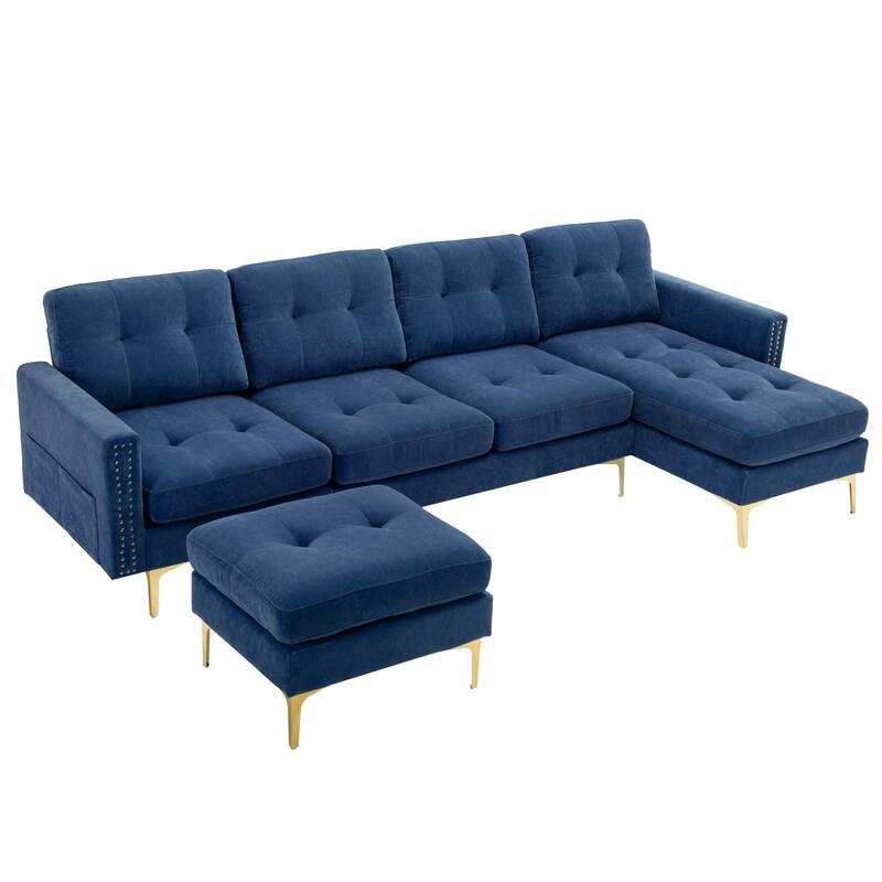 110.6" Velvet L-Shaped Sectional Sofa with Movable Ottoman and Storage Pockets