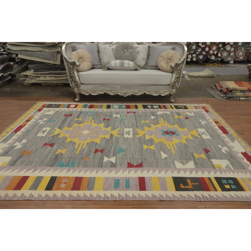 Hand Woven Southwestern Wool Grey Geometric Area Rug - 9' 6'' X 8' 0''