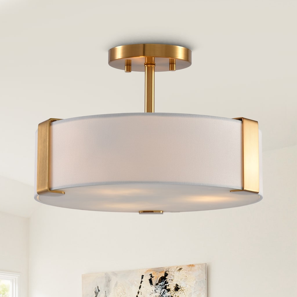 14 in. Modern Gold Drum Semi-Flush Mount Ceiling Light with Fabric Shade - 14" D x 14" W x 9.13" H