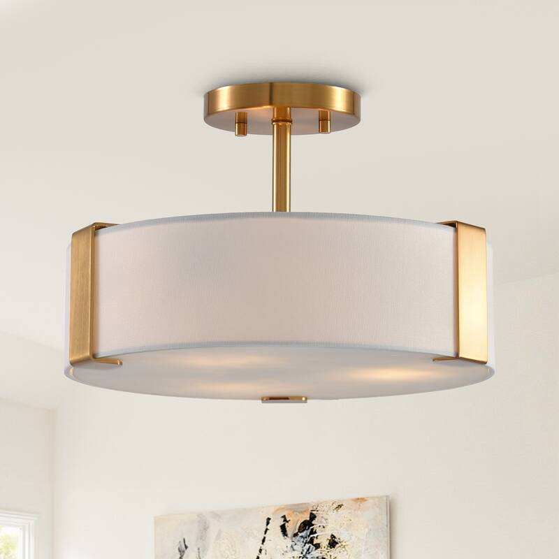 14 in. Modern Gold Drum Semi-Flush Mount Ceiling Light with Fabric Shade - 14" D x 14" W x 9.13" H
