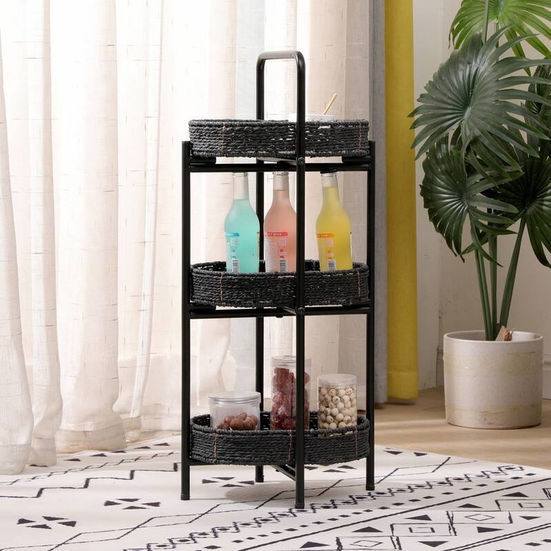 3 Tiers Tray Tables Paper Rope Woven Side Table for Living Room Kitchen Oval Storage Basket Small Shelves - Black