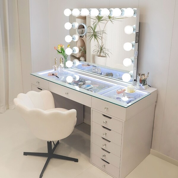 VANITII Hollywood Modern Vanity Dressing Makeup Table with 13 Drawer 15 LED Bulbs Bluetooth Mirror For Bedroom White On Sale Bed Bath Beyond 40342227