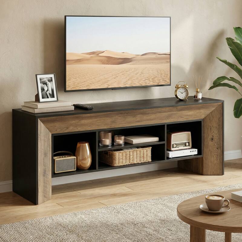 Rectangular Wood Entertainment Center fo TVs up to 75 Inches, Black and Brown TV Stands for Living Room