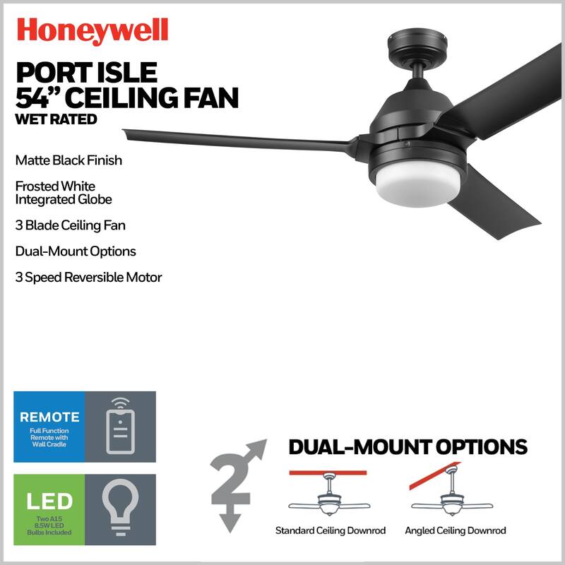54" Honeywell Port Isle Wet Rated Outdoor Ceiling Fan with Light, Remote Control, Weather Resistant Blades