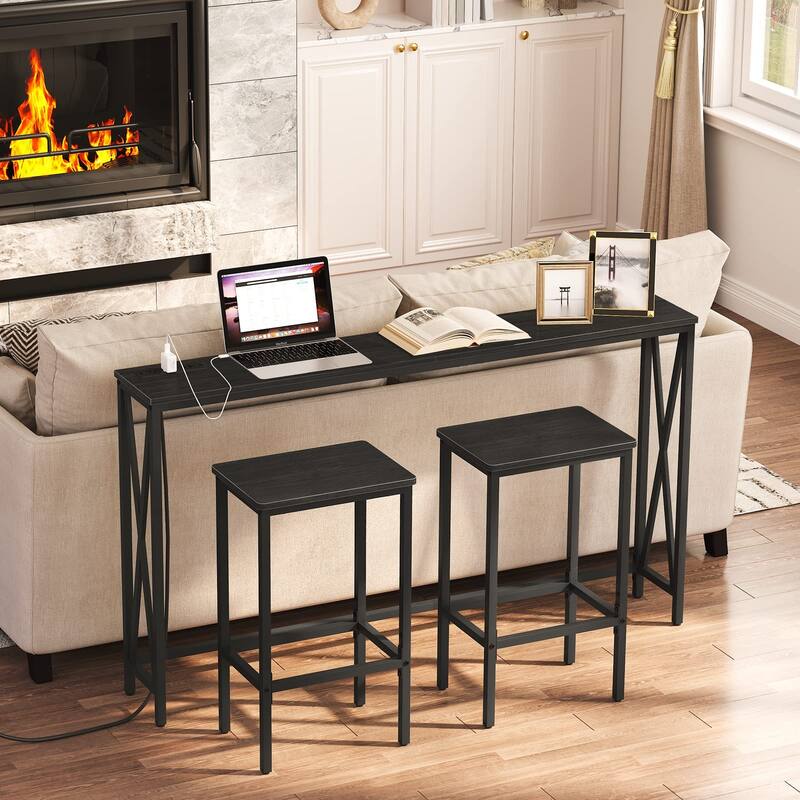 Bar Stools, Set of 2 Bar Chairs with Footrest, 2-Piece Dining Stools, 25.8-Inch Height, Rectangular Industrial Bar Stools